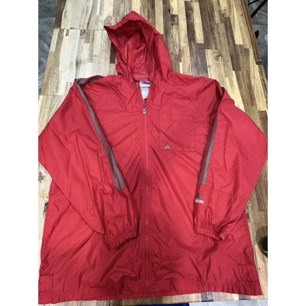 Y2K Adidas Windbreaker Jacket Mens Large Red Striped Hooded Full Zip Lined Logo